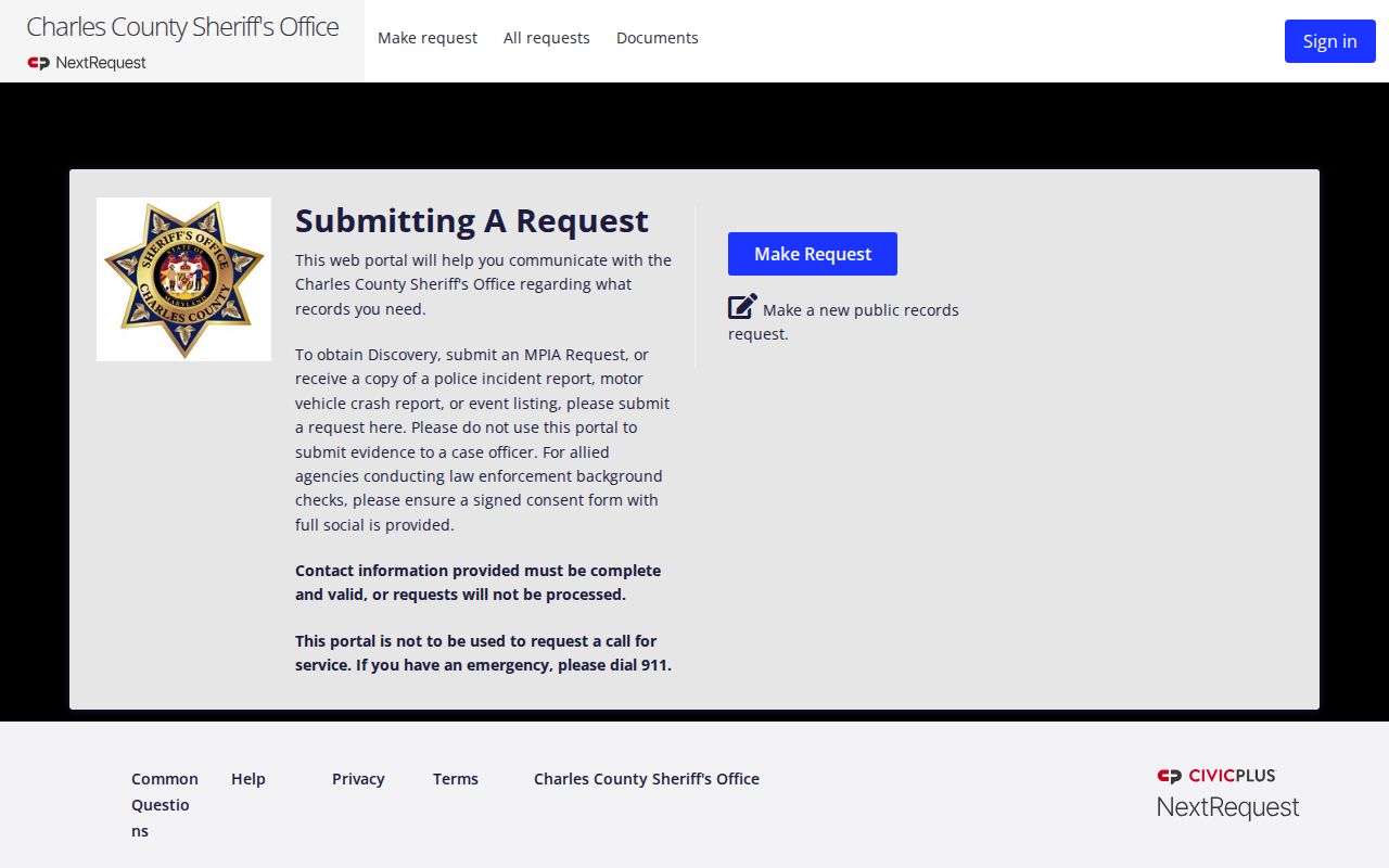CCSO records request portal used for Charles County warrant service record requests