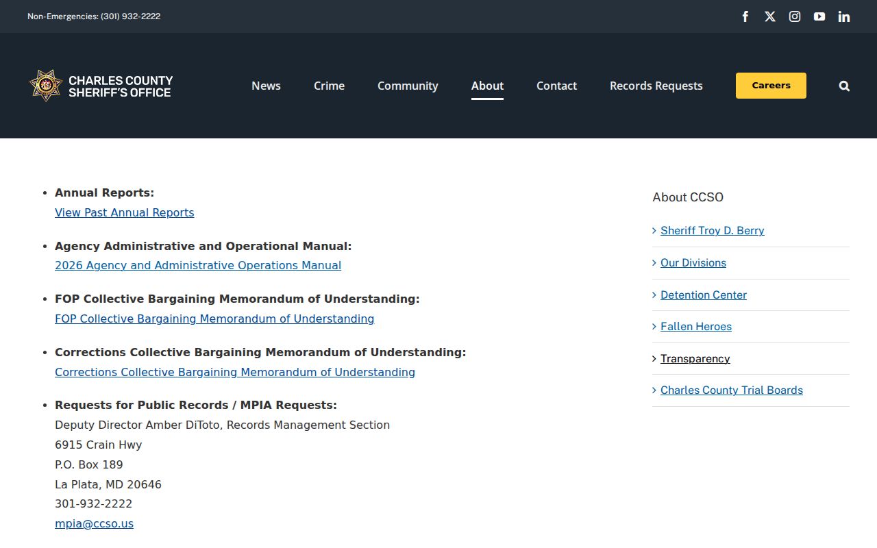 Maryland court access rules page describing restricted Charles County warrant records and public search limits