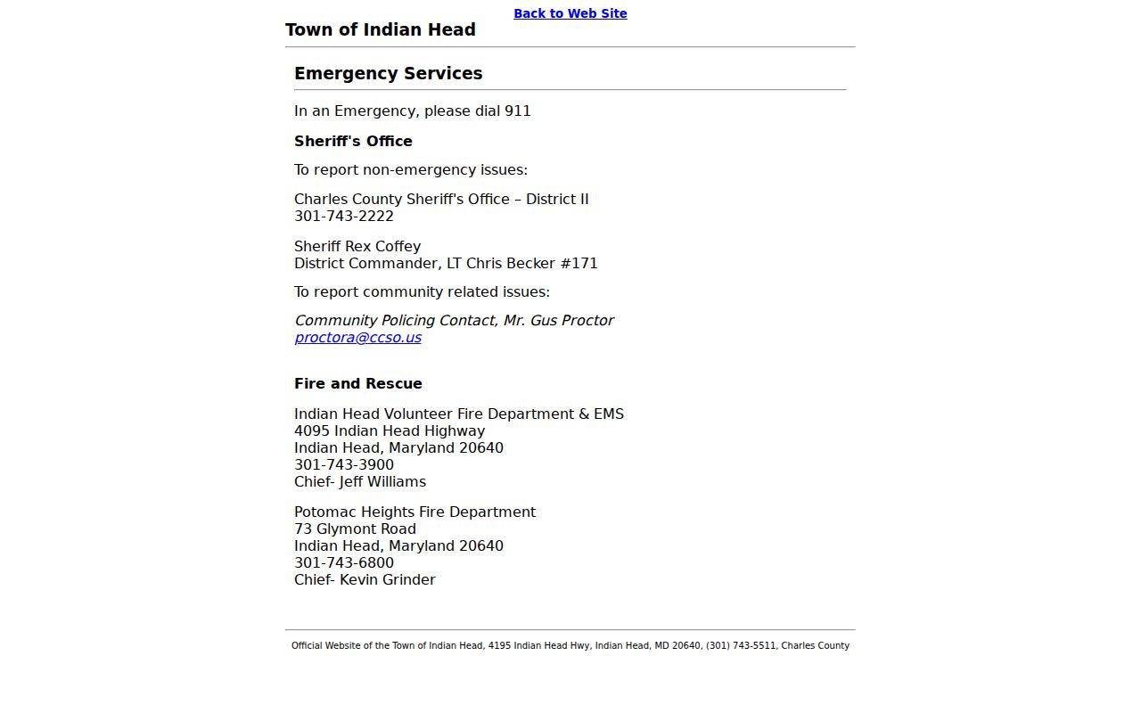 Indian Head town page routing Charles County police matters to CCSO District II