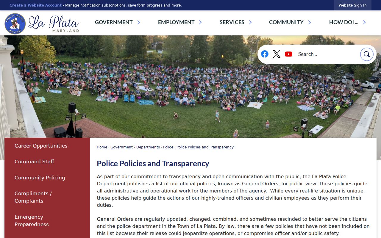 La Plata police policy and transparency index published by the town of La Plata