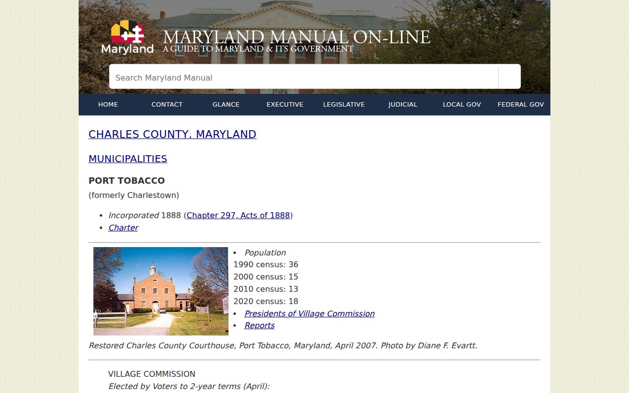 Port Tobacco Village municipal profile page showing the historic courthouse address