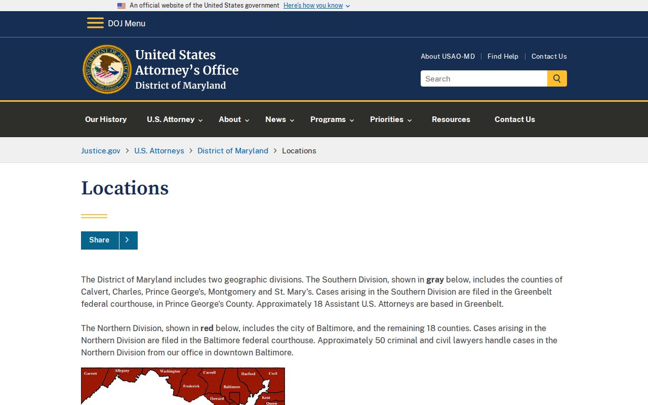 Southern Division federal court region of Maryland that covers Charles County arrest matters