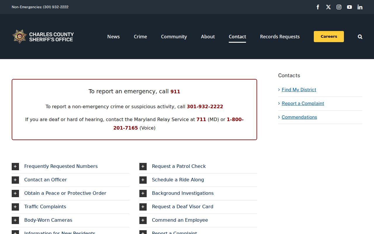 Charles County Sheriff's Office contact page listing the CCSO Warrant and Fugitive Unit phone line